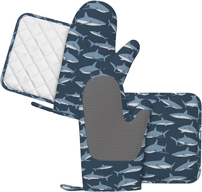 Sharks Oven Mitts and Pot Holders Set of 4 Silicone Blue Sharks Kitchen Mitten Gloves and Non-Slip Potholders Set Heat Resistant Oven Gloves Hot Holders for Kitchen