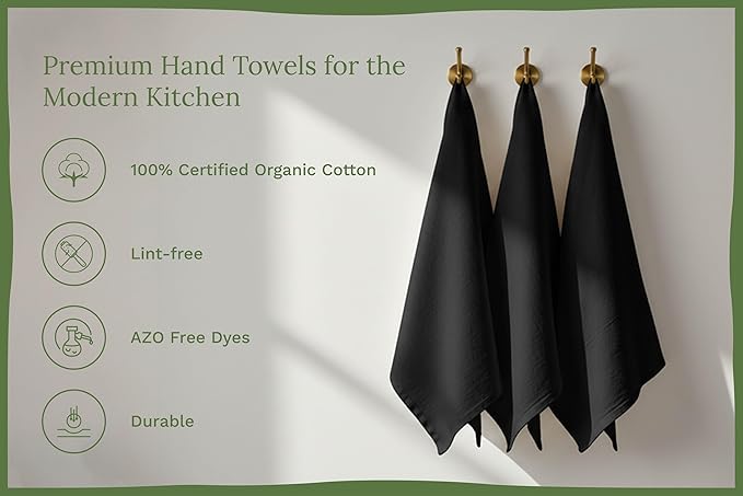 Organic Cotton Black Tea Towels - 100% Cotton, 10-Pack, Reusable and Washable Flour Sack Towels for Kitchen - Extra Large 27"x27", Durable Dish Towels with Hanging Loop (Black)
