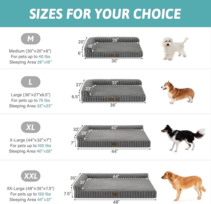 COZY KISS Cute Dog Bed, Faux Rabbit Fur Orthopedic Foam Dog Bed with Sides, Removable Washable Cover & Waterproof Lining, Comfortable Pet Couch for Large Dogs, Grey (44" L x 32" W x 7" Th)