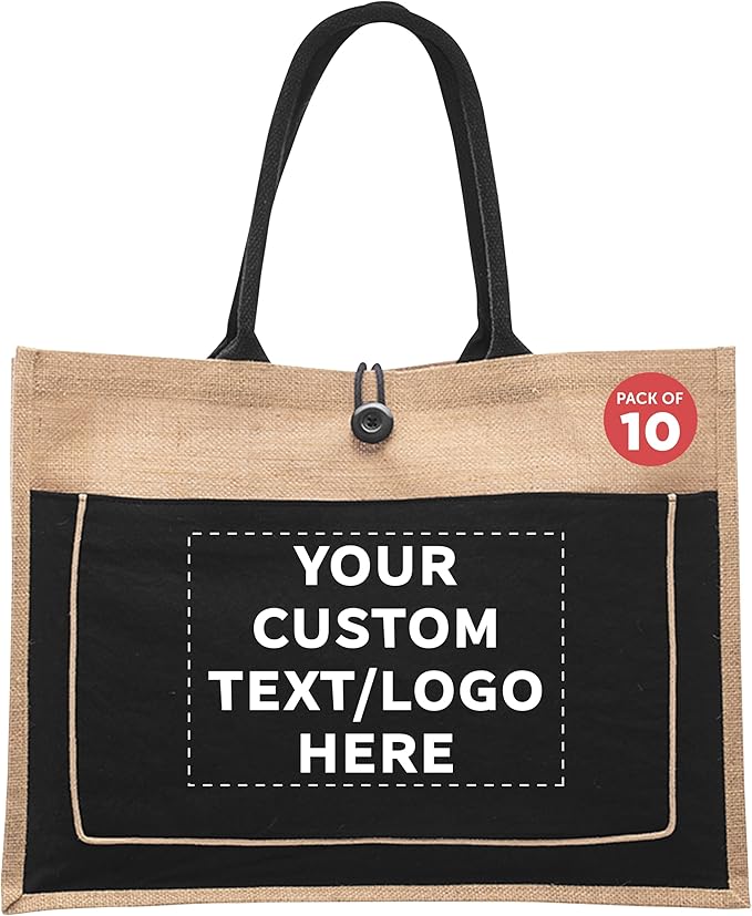 DISCOUNT PROMOS Custom Jute Tote Bags with Cotton Pocket Set of 10, Personalized Bulk Pack - Reusable, Great for Picnic, Camping, Beach, Outdoor Activities - Black