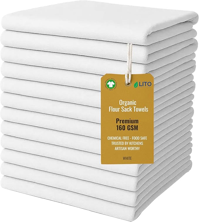 Flour Sack Towels | Tea Towel for Crafts| Kitchen Dish Cotton Blank Towel for Embroidery| Baking Bread Proofing Linen Cover| Thick Absorbent Quick Dry| 12 Pack 18"x 28" White