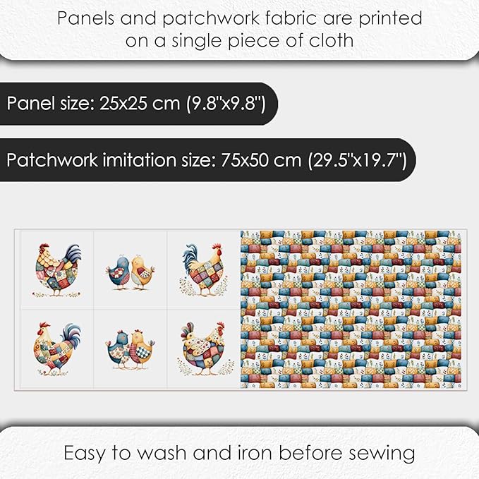 Farmhouse Chicken Patchwork Cotton Fabric Panel – 6 Designs (10×10 inch Each) + Bonus Patchwork Sheet 29.5×19.6 inch, 100% Cotton 140 GSM