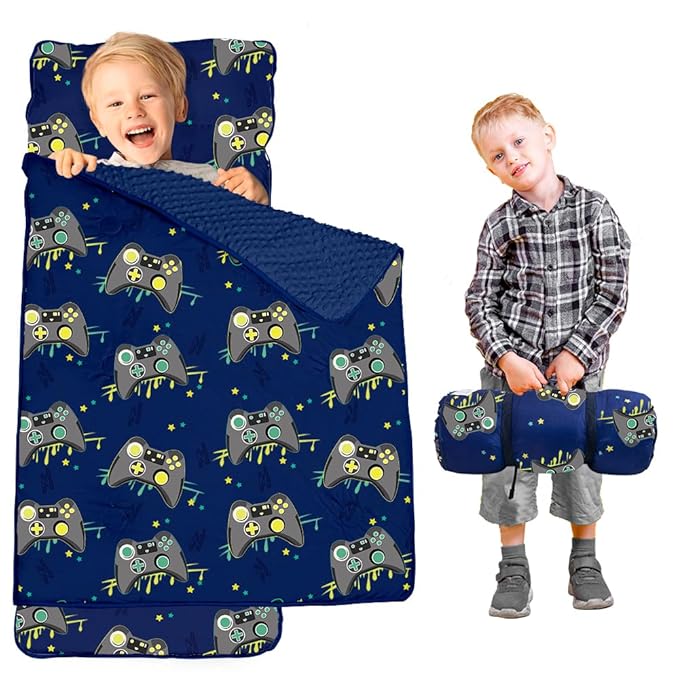 Beavtaens Toddler Nap Mat with Pillow and Minky Blanket, Large 55"x35" Sleeping Bag, Washable, Lightweight, Easy to Roll, Perfect for Preschool, Daycare, Kindergarten, Travel, Boys and Girls(Gamepad)
