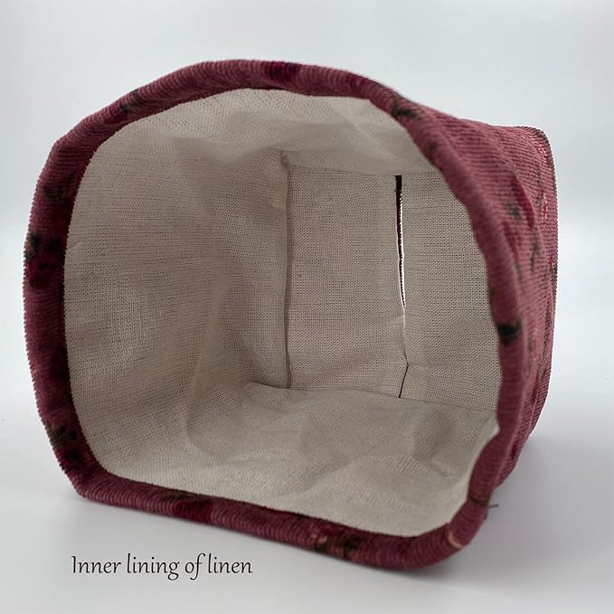 Fabric Tissue Box Cover Square, Vintage Floral Print Corduroy Tissue Holder, Bouquet Wrapping Bag 4.4"X4.4"X5.1", Burgundy