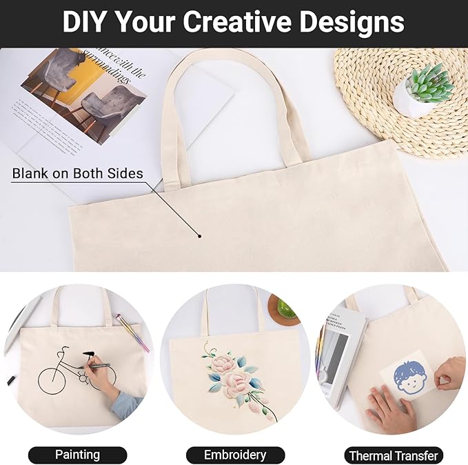 Segarty 6 Packs Large Canvas Tote Bags, 20X15 Inch Reusable Grocery Bag, Natural White Blank Cloth Heavy Duty Shopping Tote with Bottom Gusset & Shoulder for DIY Crafting Decorating