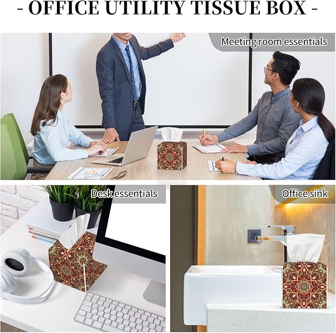 PVC Tissue Box Cover Holder,Mandala Square Decorative Organizer,5.2"X5.2"X5.2"Tissue Case for Bathroom,Tabletop,Car,Office