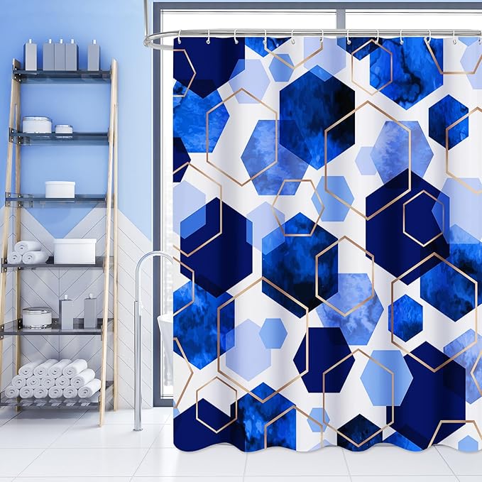 Litabel Royal Blue Modern Shower Curtain for Bathroom, Geometric Art Decor Waterproof Bath Curtain, Abstract Fabric Shower Curtain Sets for Home Decor, 72x72 Inch