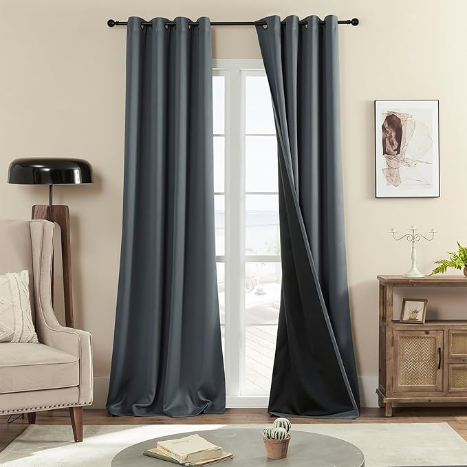 Rutterllow 100% Blackout 340 GSM Curtains 2 Panels, Full Shade 102 Inches Long Complete Drapes for Living Room, Dark Grey Thermal Insulated Bedroom Window Treatment Drapes (Gray, 52 x 102 inch)