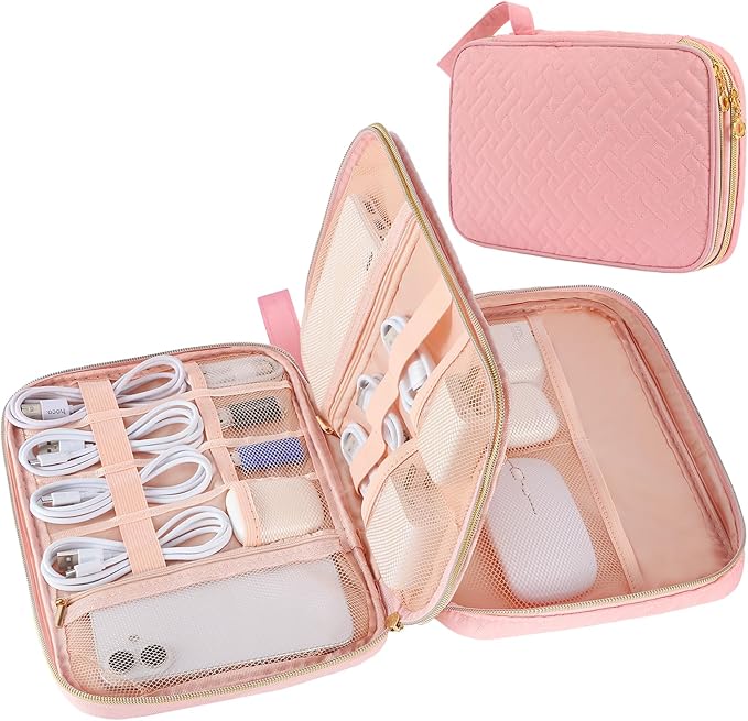 ZFZGFRCS Electronics Organizer Travel Case, Charger Bag Cord Organizer Travel, All-in-One Cable Organizer Bag for Charger, Cords, Phone, Headphones, Flash Drive, SD Card (Pink, Large-Double Layer)