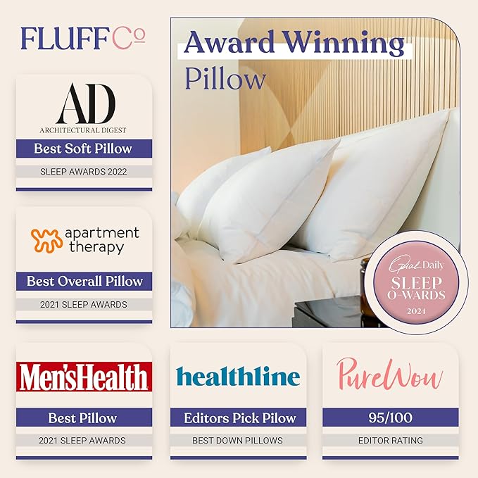 FluffCo Zen Fluff™ Down King Pillow with 600 Fill Power White Duck Down Stomach Sleeper Pillows - Luxury Hotel Quality 300 Thread Count - 100% Cotton Feather Pillows (King Size 1 Pack)