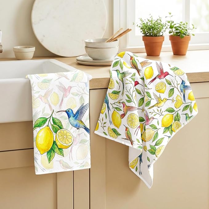 Ruirichfun Lemon Kitchen Towels,Set of 2 Spring Dish Towels for Kitchen Cute Lemon Flower Decoration Towels Microfiber Absorbent Reusable Cloth Dish Towel for Decorative Housewarming Vintage Design