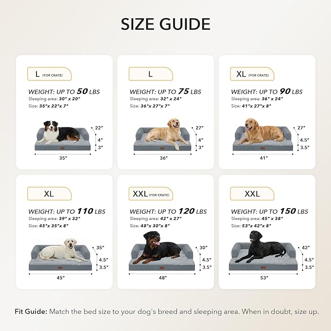 Casa Paw Orthopedic Dog Beds for Large Sized Dogs, Waterproof Egg Crate Foam Medium Dog Couch Beds for Crate 35x22Inch, Washable Pet Beds with Removable Cover and Nonskid Bottom, Grey