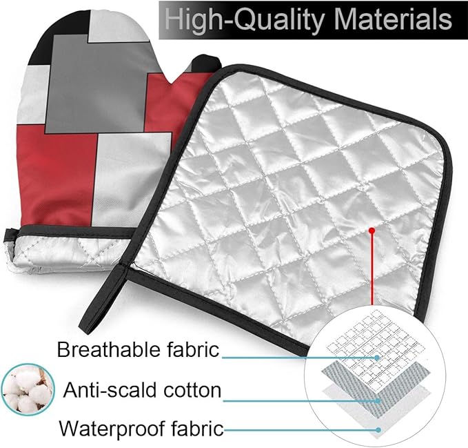Red White Black Grey Geometric Oven Mitts and Pot Holders Insulated Gloves & Kitchen Counter Safe Mats for Cooking BBQ Baking Grilling (2-Piece Set)