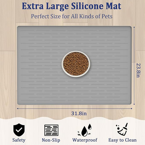31.8"x23.8" Extra Large Pet Food Mat, Silicone Dog Mats for Food and Water, XL Nonslip Pet Feeding Mats for Floors,Dog Cat Bowl Mat with Raised Edges, Black