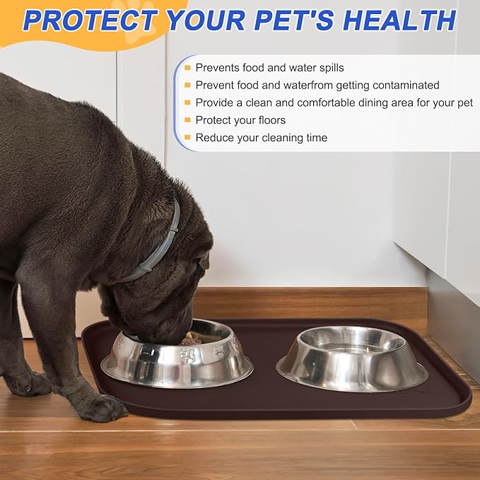 SMILOOL Silicone Pet Feeding Mat with Raised Edge for Food and Water, Dog Bowl Mats, Cat Bowls Placemat with High Lip for Floor Waterproof, Rubber Tray for Cats and Dogs 19 x 12 x0.7 Dark Brown
