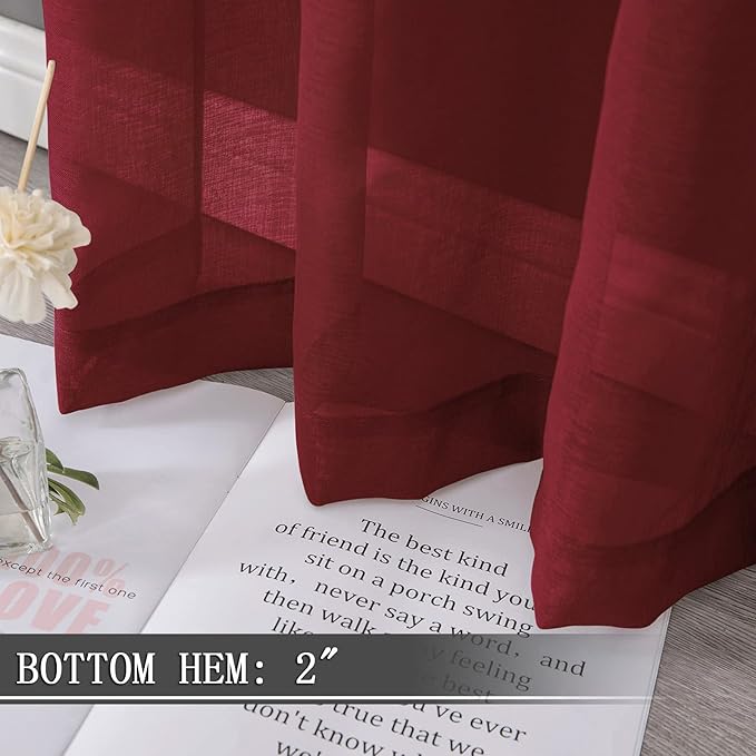 Tollpiz Short Sheer Curtains Linen Textured Living Room Curtain Sheers Light Filtering Rod Pocket Voile Curtains for Bedroom, 42 x 45 inches Long, Burgundy Red, Set of 2 Panels