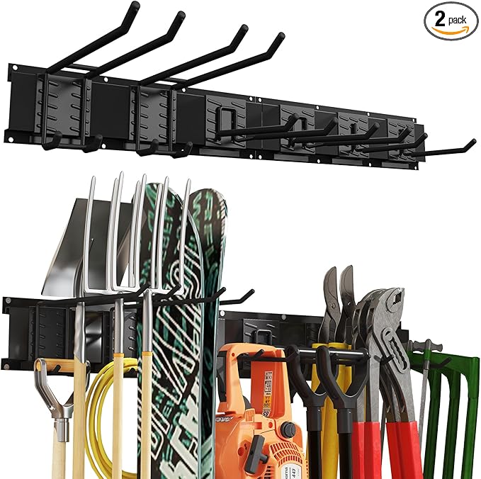 Howzone 32 Inches Garage Organization,Wall Mount Garden Tool Organizer, 440lbs Adjustable Heavy Duty Metal Hanging Hooks, Garden Tool Hangers Storage Rack for Garage, Yard, and Shed (2 Racks, 6 Hooks)