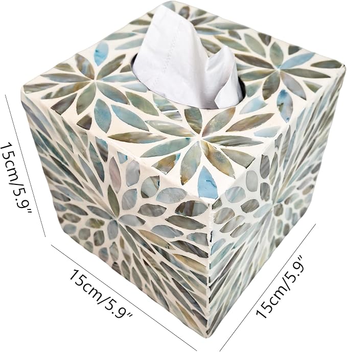 i-lan Mother of Pearl Cube Tissue Cover Box,Sea Pearl Shell Blue Flower Decorative Square Tissue Holder,5.9” Capiz Mop Napkin Box with Bottom Slider