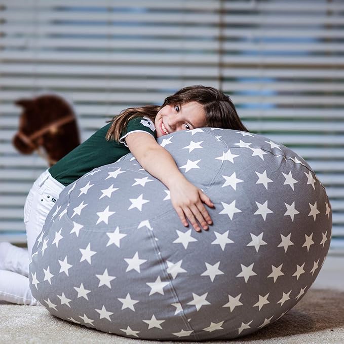 WEKAPO Stuffed Animal Storage Bean Bag Chair Cover for Kids | Stuffable Zipper Beanbag for Organizing Children Plush Toys Large Premium Cotton Canvas (Grey Star, X-Large)