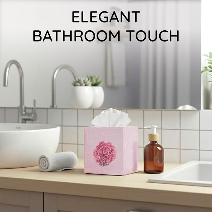 EmbroideryLinen.VN Tissue Box Cover Set of 2, Square Linen Tissue Holder, Printed Floral Design, 4.5x4.5x5.5 Inches, Decorative Holder for Bathroom, Living Room, Office (Rose)