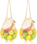 Gtziqa 2 Pack Reusable Mesh Grocery Bags, String Bags Cotton Net Tote Produce Bag Washable Long Handle Farmers Market Bag Portable Fruit and Vegetable Bags, Beige