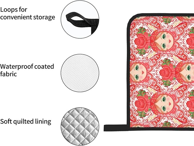 Traditional Russian Nesting Doll with Flowers Oven Mitts and Pot Holders 4 Pcs Set Oven Gloves and Potholders for Cooking Microwave BBQ Baking Grilling
