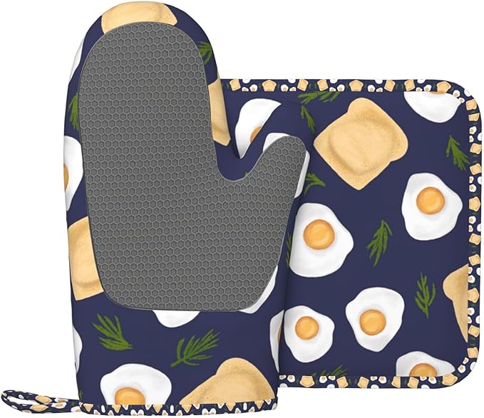 Fried Egg Bread Vanilla Oven Mitts and Pot Holders Sets, Home Silicone Heat Resistant BBQ Gloves for Kitchen Baking Cooking Grilling Microwave
