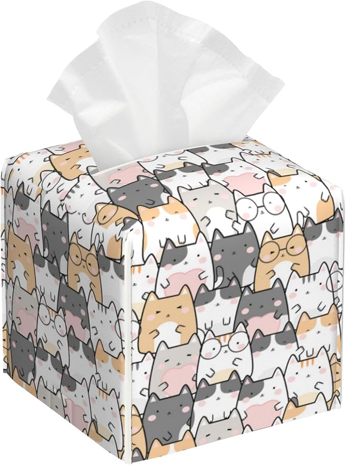Kawaii Cats Tissue Box Cover,PU Leather Tissue Box Holder Square,Modern Home Decoration for Bathroom Living Room Kitchen Office Car,5.2"×5.2"×5.2"