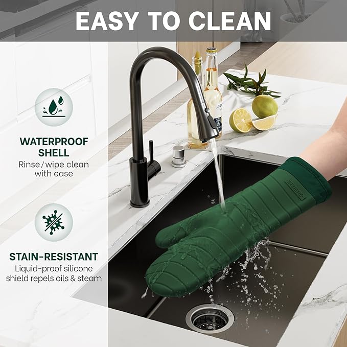 Beneno Heat Resistant Silicone Oven Mitts BPA-Free, Non-Slip Textured Grip & Quilted Cotton Lining, Waterproof Kitchen Mitt 2-Pack Set, 7"x13", Green
