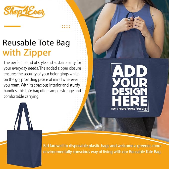 shop4ever Personalized Custom Design Your Own Heavy Canvas Tote with Zipper Reusable Shopping Bag Customizable Gift
