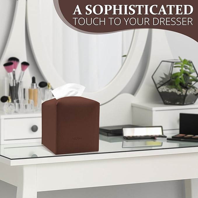Tissue Box Cover, PU Leather Tissue Box Holder with Bottom Belt, Modern Square Tissue Box Covers with Wide Opening (Brown, Woven Patterns)
