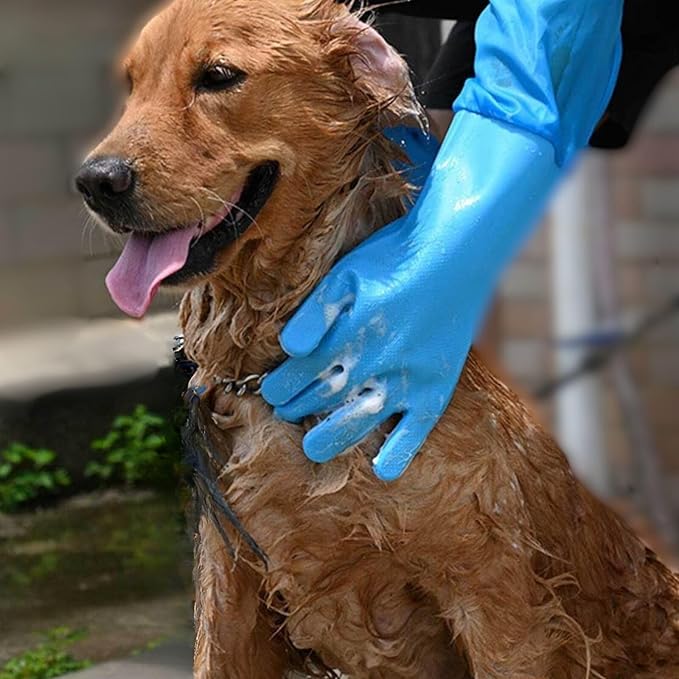 GALYNA Dog Washing Gloves, Pet Grooming Gloves with Soft Brushes, Bathing and Massaging for Dogs and Cats, Silicone Heat Resistant Cleaning Gloves with High-Density Teeth (Blue)