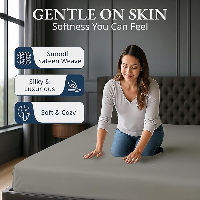 Lane Linen 100% Egyptian Cotton King Size Fitted Sheet Only (79"x81" + 16") - Elegant Sateen Weave, Ultra Soft, Breathable, Highly Durable, Deep Pockets Upto 17" - Silver