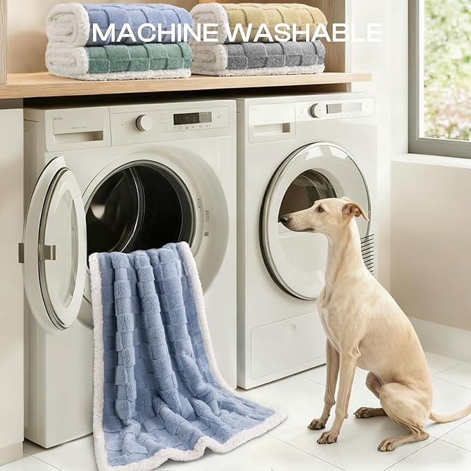 Luciphia Waterproof Dog Blanket for Large Dogs Washable Soft Sherpa Fleece Cat Blankets with 3D Jacquard Cozy Calming Reversible Bed Couch Protector Furniture Protection for Pet,Blue White, 65x57 inch