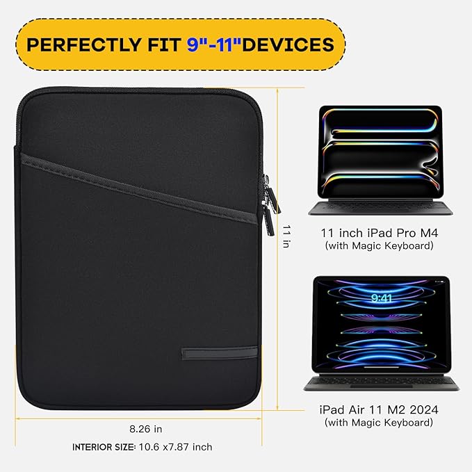 9-11 Inch Tablet Sleeve for 11 inch iPad Pro M5 M4 & Air M2 M3 2025, iPad A16 11th, 10.9 Air 5/4th, Galaxy Tab A9+/ S9 S8 Bag,Black