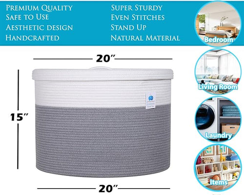 20" x 20" x 15" Extra Large Storage Basket with Lid, Cotton Rope Storage Baskets, Laundry Hamper, Cloth Bin, for Clothes Towels Blankets Pillows Storage in Living Room, Large Basket Grey with Cover