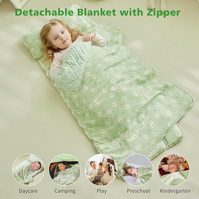 Floral Toddler Nap Mat with Zipper,Detachable Minky Blanket and Removable Pillow,Soft Slumber Bags for Girls,Kids Sleeping Bag for Daycare Preschool Kindergarten,Flower Toddler Sleeping Mat - Green