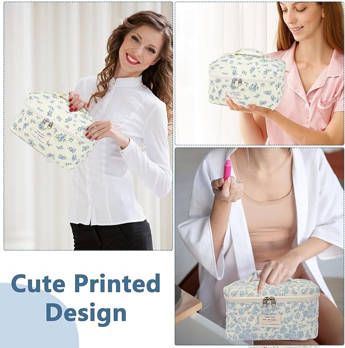 Large Travel Quilted Makeup Bag for Women,Big Floral Cotton Cosmetic Bag, Cute Coquette Aesthetic Floral Toiletry Organizer Bag (Blue Flower)