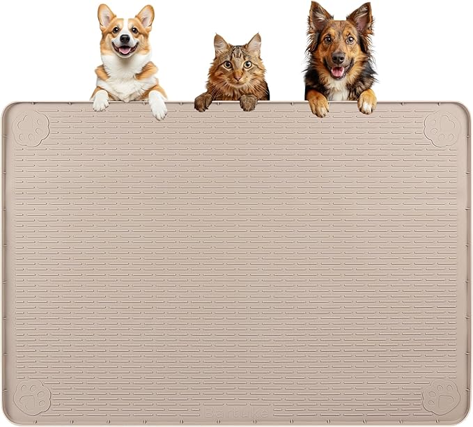 Bartuke Dog Food Mat, Extra Large 40" x 28" Silicone Pet Feeding Mat for Small, Medium, and Large Pets Non-Slip, Easy to Clean, Khaki