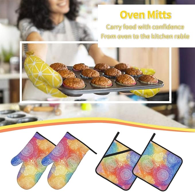 Oven Mitts and Pot Holders Sets of 4 Colorful Rainbow Mandala Pattern Kitchen Potholder Gloves Heat Resistant Non-Slip for Chef Baking Cooking Grilling BBQ Mittens