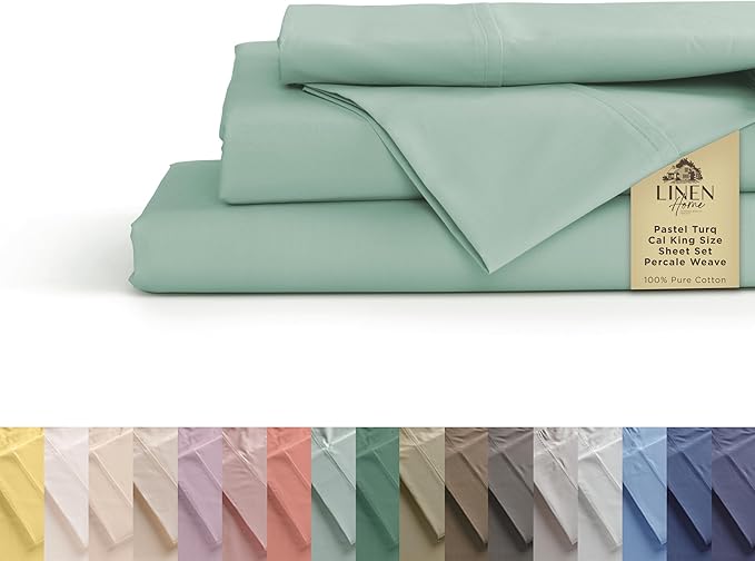 Linen Home 100% Cotton Percale Sheets California King Size, Pastel Turk, Deep Pocket, 4 Pieces Set - 1 Flat, 1 Deep Pocket Fitted Sheet and 2 Pillowcases, Crisp Cool and Strong Bed Linen