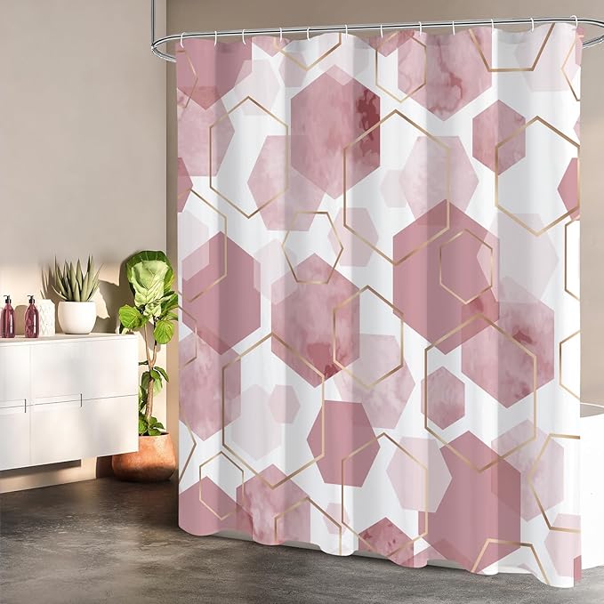 Litabel Modern Extra Long Shower Curtain for Bathroom, Pink Geometric Art Decor Waterproof Bath Curtain, Abstract Fabric Shower Curtain Sets for Home Decor, 72" W x 84" L Inch