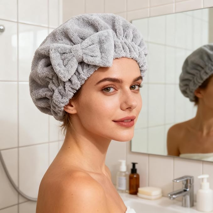 HOPESHINE Microfiber Hair Towel Cap for Women Wet Short or Long Curly Hair Super Absorbent Quick Dry Turbans Anti Frizz Great Gift for Women and Girls (Blue+Grey, 2)