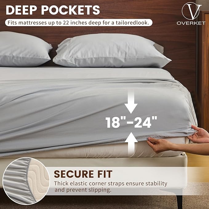 100% Linen Sheet Set King Size Extra Deep Pocket Fits 18-24 Inch Mattress, Breathable & Soft, Smooth 6-Piece Set for Thick Mattresses Hotel Luxury Bedding（King, Grey）