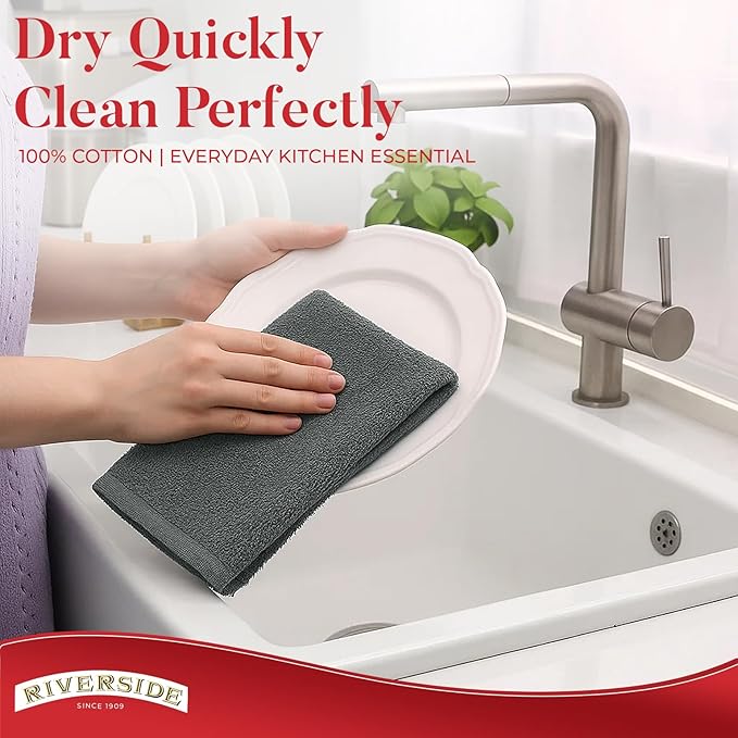RIVERSIDE Bar Mop Towels Pack of 12, 16x19 Inches, 100% Ring Spun Cotton Terry Cloth Kitchen Towel, Highly Absorbent & Reusable Multipurpose Cleaning Rags for Bathroom, Hotel, Restaurant, Gray