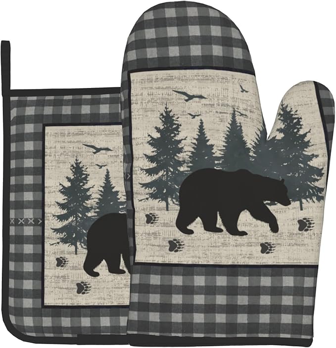 Rustic Vintage Bear Oven Mitt and Pot Holders 2Pcs Sets Heat Resistant Forest Cabin Wildlife Kitchen Gloves Potholder Farm Buffalo Plaid Hot Pads for Chef Cooking, Baking, Grilling