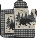 Rustic Vintage Bear Oven Mitt and Pot Holders 2Pcs Sets Heat Resistant Forest Cabin Wildlife Kitchen Gloves Potholder Farm Buffalo Plaid Hot Pads for Chef Cooking, Baking, Grilling