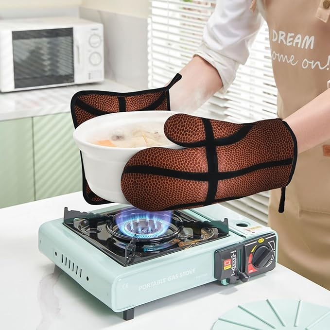 Basketball Oven Mitts and Pot Holders Set of 4 Silicone Basketball Spot Leather Texture Sport Kitchen Mitten Gloves and Sports Theme Potholders Set Oven Gloves Hot Holders for Kitchen