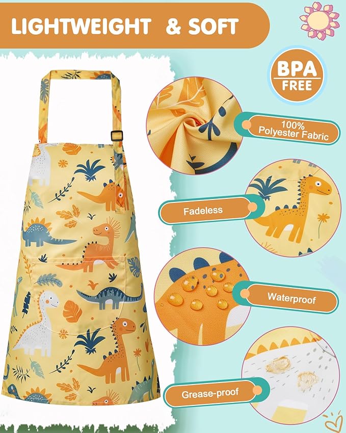 Lictin 2 Pack Kids Apron Girls Boys for Cooking, Waterproof Art Apron with Pockets for Kids Painting Cooking Baking