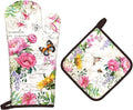 Vintage Flower Oven Mitts and Pot Holders Sets 2Pcs, 100% Cotton Heat Resistant, Extra Long Oven Gloves Potholder for Kitchen Cooking Baking Decoration